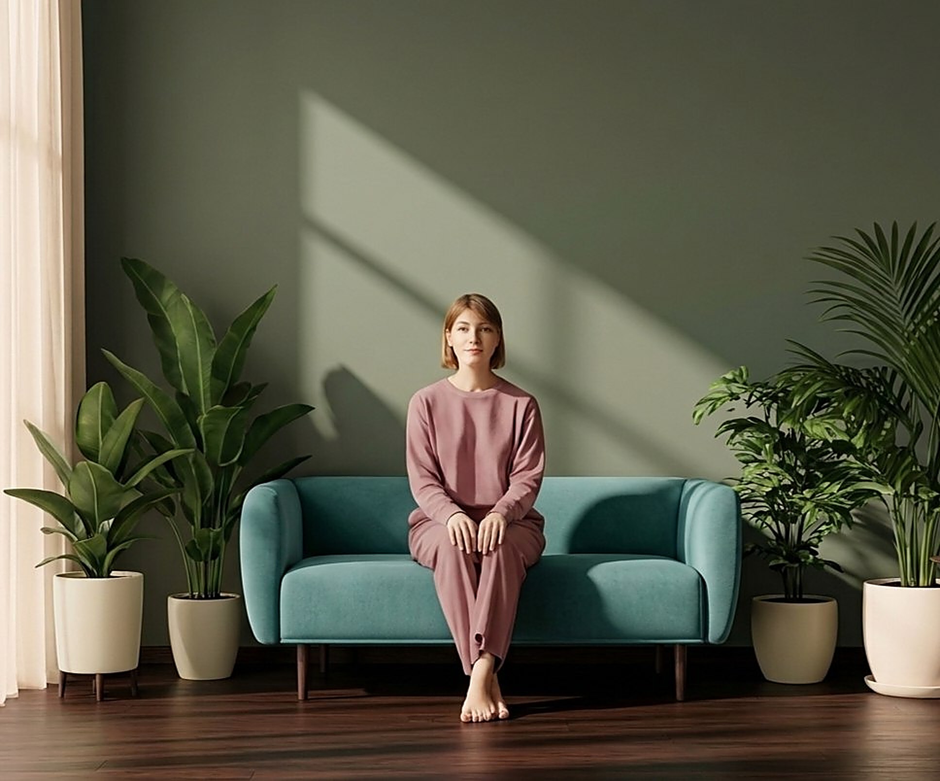 A woman sitting calmly on a teal sofa in a bright, plant-filled room